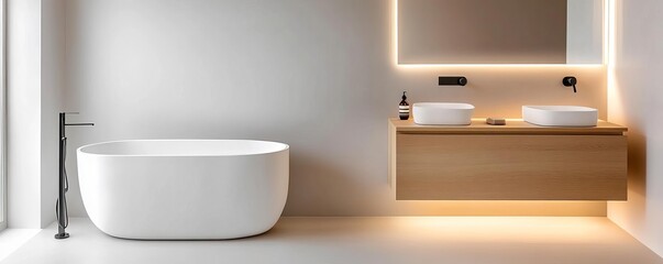 Beige minimalist bathroom with recessed lighting and frameless mirrors, minimalist bathroom, calm modern atmosphere