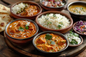 Colorful Assortment of Traditional Indian Dishes in Bowls on Wooden Table