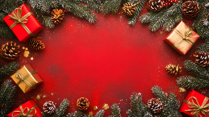 Festive Christmas background with decorative gifts and pinecones for seasonal message