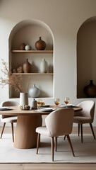 close up of a fall decor in neutral colors for a modern minimalist dining glass table, chairs, diner service, organic shapes, old halnut wood. Background wall with arch niches shelfs with a pampas vas