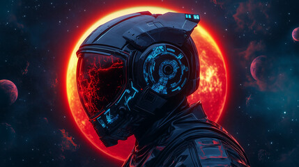 Astronaut in Futuristic Helmet Facing Red Planet in Outer Space