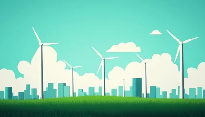 Gardinen A vibrant landscape featuring wind turbines amidst urban buildings, showcasing renewable energy and a sustainable environment. © Chathurika