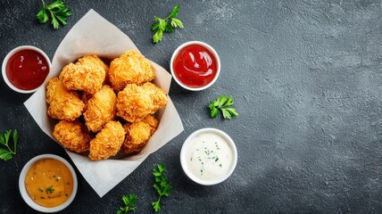 Crispy golden chicken bites served with a variety of dipping sauces on a dark slate surface, garnished with fresh herbs.