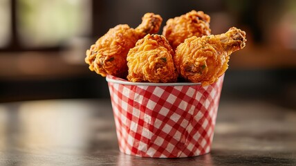 Delicious fried chicken drumsticks served in a classic red and white checkered bucket, perfect for a feast or picnic.