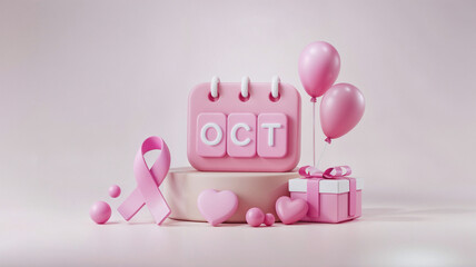 3D art of pink October campaign calendar with female breast cancer awareness bow and decorative balloons. Copy space.