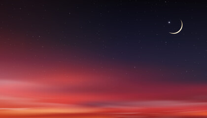 Sky Night,Ramadan Kareem Background with Crescent moon,Star with Sunset Sky,Vector Greeting festive for symbolic of Muslim culture,Eid Mubarak,Eid al adha,Eid al fitr,Islamic new year,Muharram