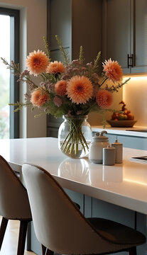 a luxurious kitchen island setting with a stylish arrangement of dalias vase and a kitchen in the backgroup