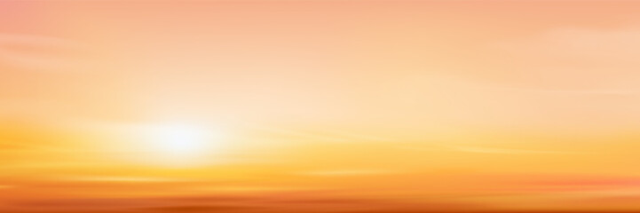 Sunset sky,cloud background.Autumn with orange,yellow sunrise over beach,Vector Nature Winter sunlight in evening,Banner cartoon landscape sunny day in summer by sea