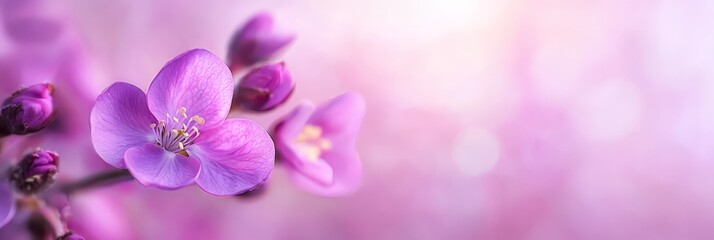  A tight shot of a purple flower on a branch against a backdrop of softly blurred light Light in the foreground also gently blurred