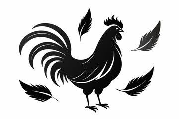 rooster silhouettes in various poses, elegant and stylized, minimalistic black and white vector art, flowing feathers with smooth curves, high contrast design, bold shapes, clean lines, isolated 