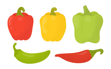 Set of bell and hot chili peppers. Peppers of different colors isolated on a white background. Red, green, yellow sweet paprika. Vector illustration, flat style.