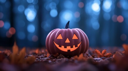 Fototapeta premium A jack-o-lantern pumpkin rests in the heart of an autumnal field Surrounding it are fallen leaves, while trees with colorful foliage loom in