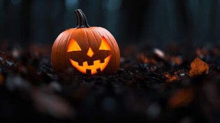 Fototapeta premium A jack-o-lantern pumpkin sits in a field's center, surrounded by fallen leaves A forest background completes the scene