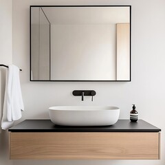 Minimalist bathroom with oversized mirror and matte black accents, minimalist bathroom, modern elegance