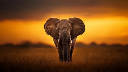 Naklejka premium An elephant stands in a field as the sun sets, casting a warm glow; clouds paint the sky above