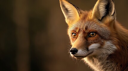 Fototapeta premium A red fox's face, tightly framed, against a backdrop of blurred trees