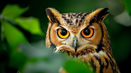 Fototapeta premium A tight shot of an owl's face, its orange eyes gleaming, with a green leaf in sharp focus in the foreground