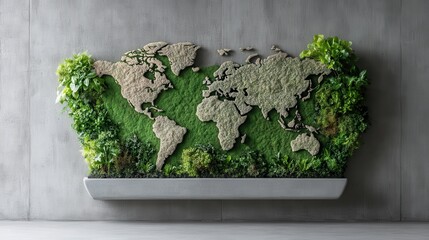 A modern art piece featuring a world map with green plants on a sleek concrete backdrop,...