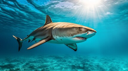 Obraz premium A great white shark swims beneath the sunlit water surface