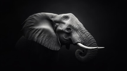 Naklejka premium A black-and-white image of an elephant with two prominent tusks curving down from its upper jaw