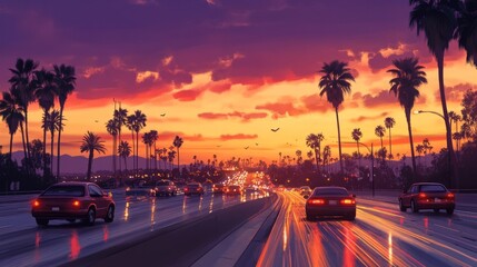 Obraz premium Sunset Drive on a California Highway with Palm Trees