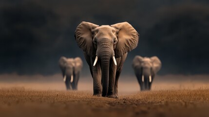 Obraz premium A herd of elephants traverses a dry grassland, contrasting the expansive scene before a dark, foggy sky filled with clouds