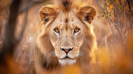 Fototapeta premium A tight shot of a lion's face amidst a field of grass, dotted with trees and shrubs in the backdrop