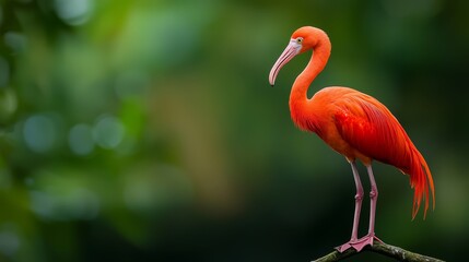 Fototapeta premium A flamingo perched on a tree branch, legs extended, long beak pointed upwards