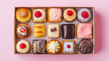 Assorted French pastries in an elegant gift box, isolated on a soft pastel backdrop