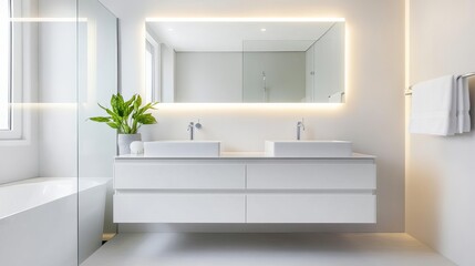 Minimalist bathroom with floating vanity, recessed lighting, and natural wood accents, minimalist bathroom, warm neutral tones