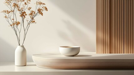 Minimalist Wooden Podium With Dried Flowers and White Bowl