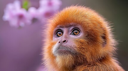 Obraz premium A tight shot of a monkey's face with flowers in the foreground softly blurred behind