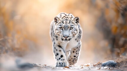 Fototapeta premium A tight shot of a snow leopard striding on dirt, hazy background consists of distant elements