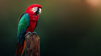 Fototapeta premium A red and green parrot sits atop a weathered wooden post against a backdrop of lush green and brown foliage Background mildly blurred