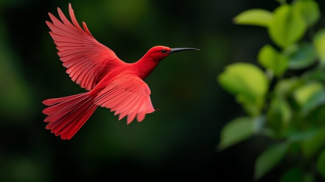  A red bird flies in the air, wings spread wide, head turned slightly to the side