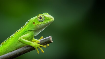  A tight shot of a green lizard perched on a branch against a softly blurred background