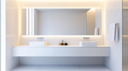 Fototapeta premium Minimalist bathroom with large frameless mirrors, neutral stone walls, minimalist bathroom, contemporary, open design