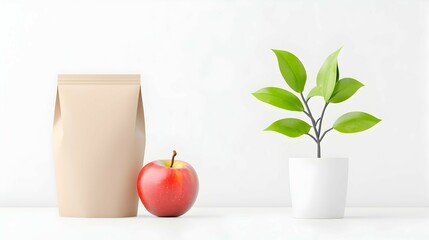 Minimalist Mockup with Kraft Paper Bag  Red Apple and Green Plant