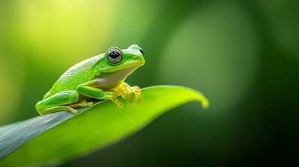 Naklejka premium A green frog sits atop a clear, leafy branch against a backdrop of softly blurred green plant foliage