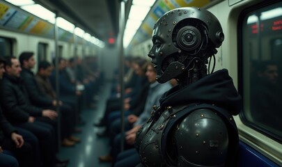Fototapeta premium A futuristic scene featuring a robotic figure in a subway train, showcasing the blend of technology and urban life, ideal for innovation and sci fi themes.