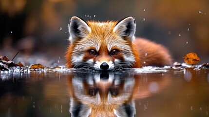  A tight shot of a fox over water, mirroring its face in the surface