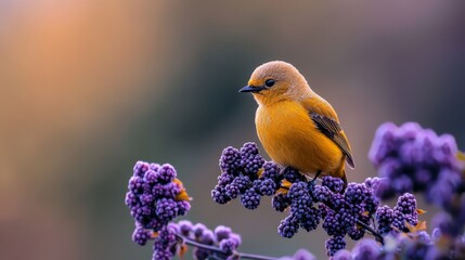 Obraz premium A small yellow bird atop purple flowers against a blurred background