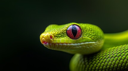 Fototapeta premium A tight shot of a green snake's head featuring a red-and-black eye