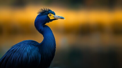 Fototapeta premium A tight shot of a blue bird perched above a tranquil body of water Background softly blurred in the foreground