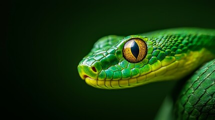  A tight shot of a green snake's head featuring a yellow iris in its central eye