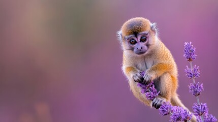 Obraz premium A small monkey sits on a lavender branch, surrounded by purple flowers in the foreground The background is softly blurred