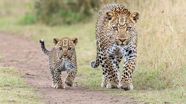 A spring leopard confidently strides down a dirt path alongside its curious cub in the African savannah, highlighting their close relationship and the beauty of their habitat