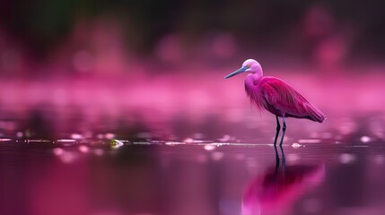 Obraz premium A pink bird with a lengthy beak stands in a body of water, backgrounded by a city skyline