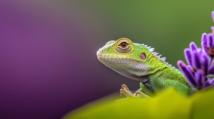 Fototapeta premium A tight shot of a lizard perched on a plant, featuring a purple flower in the foreground Background boasts green and purple hues