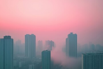 Fototapeta premium A city skyline shrouded in mist at dawn, featuring tall buildings against a pastel pink sky, creating a serene and atmospheric scene.